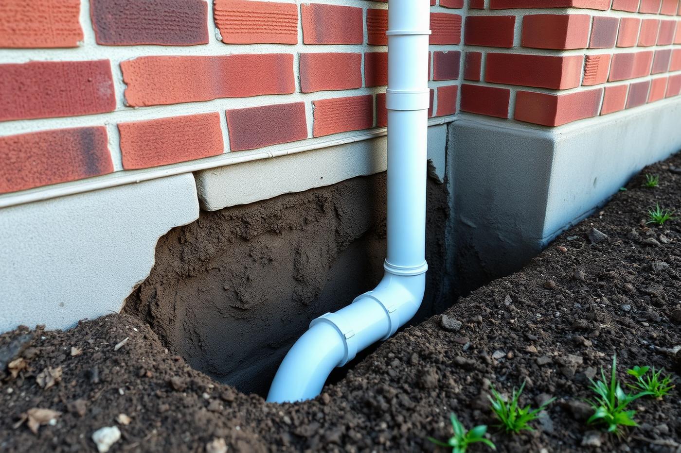 Downspout tied into an underground drainage line at a house foundation