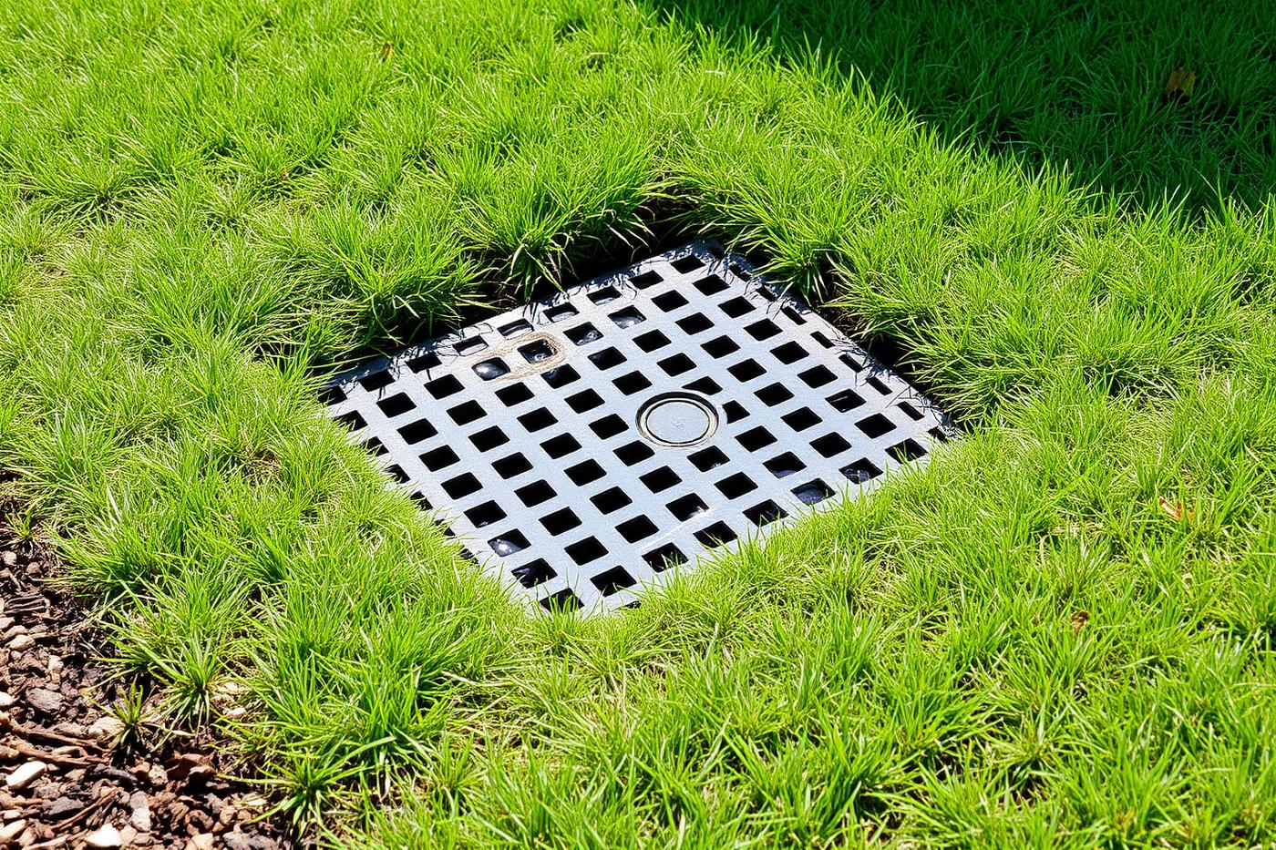 Square catch basin grate set flush into a residential lawn