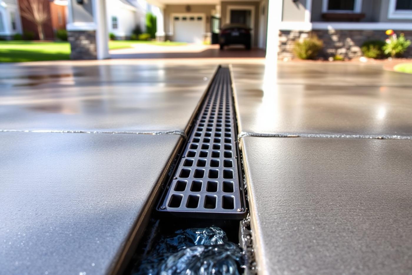 Channel drain grate carrying water across a concrete driveway
