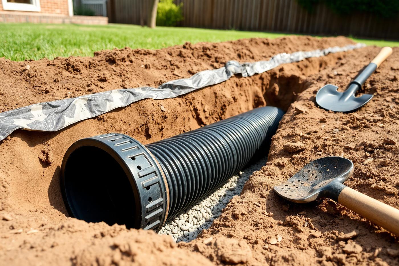 Open French drain trench with perforated pipe and washed gravel in a residential yard