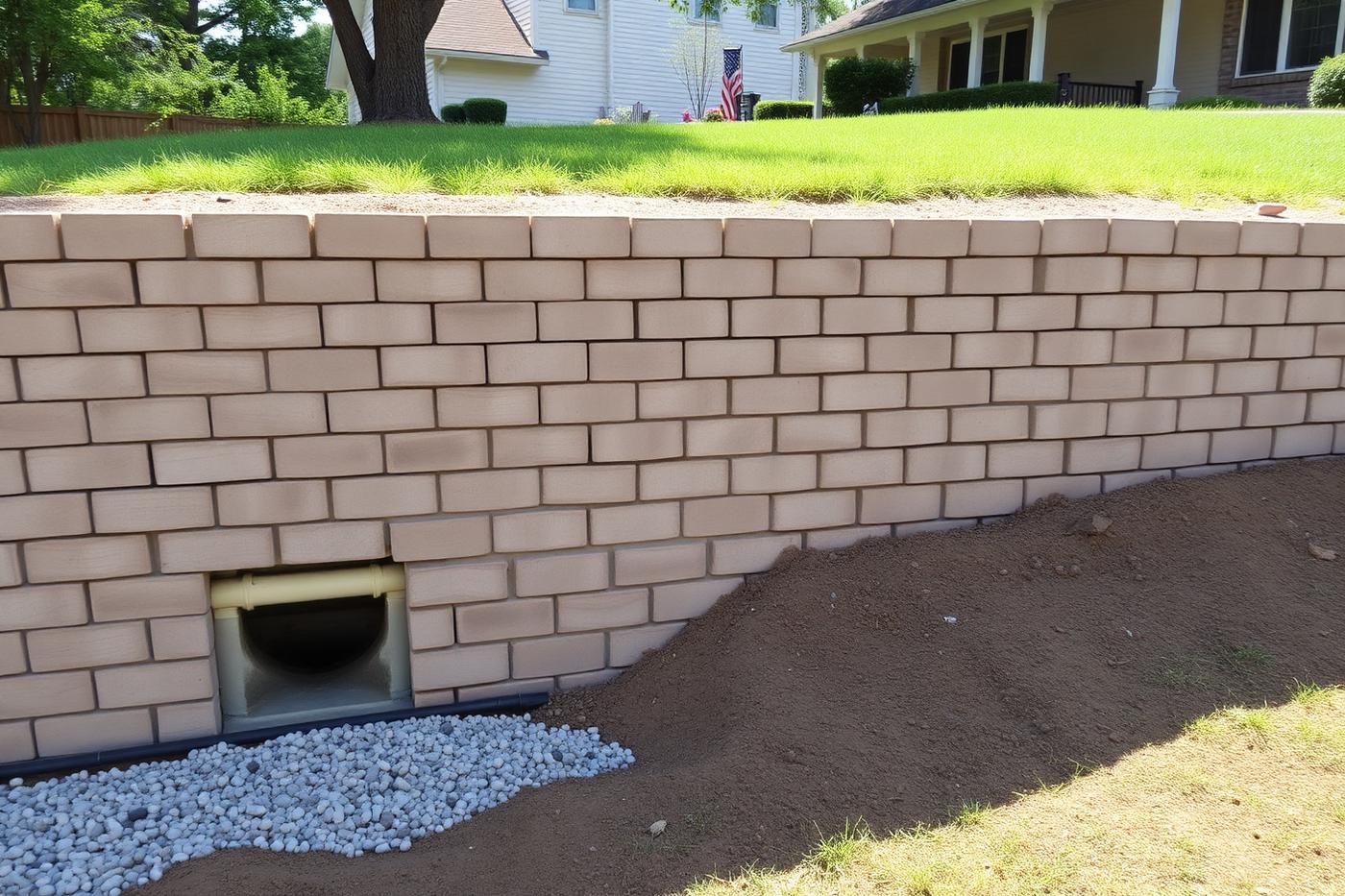 Retaining wall with a gravel drainage outlet at its base