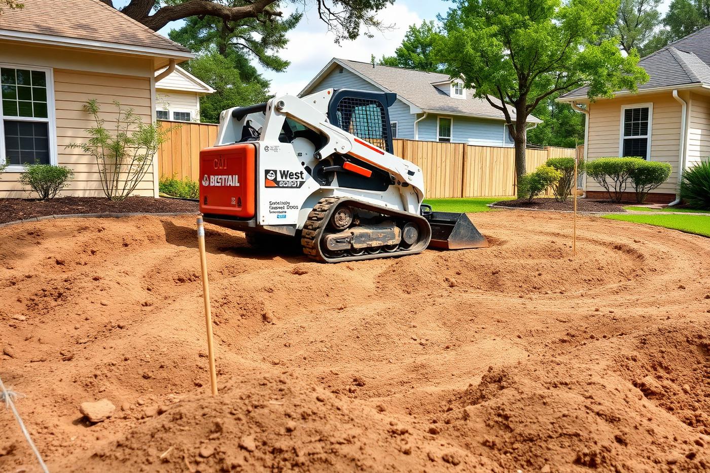 Compact track loader regrading soil in a residential backyard with grade stakes set